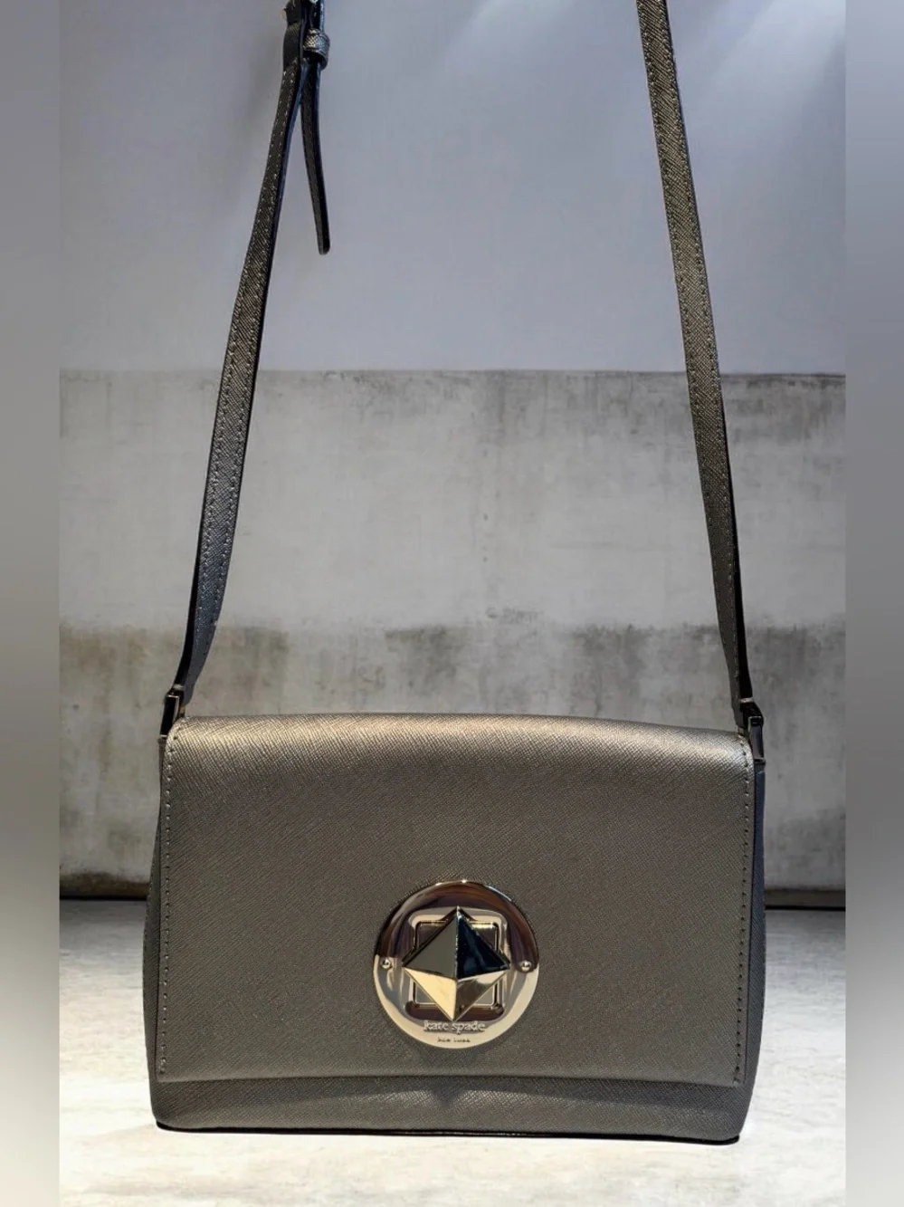 kate spade Metallic Silver Saffiano Leather Crossbody Bag